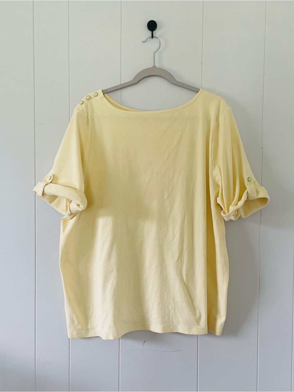 CJ Banks Pale Yellow Roll-Tab Short Sleeve Top